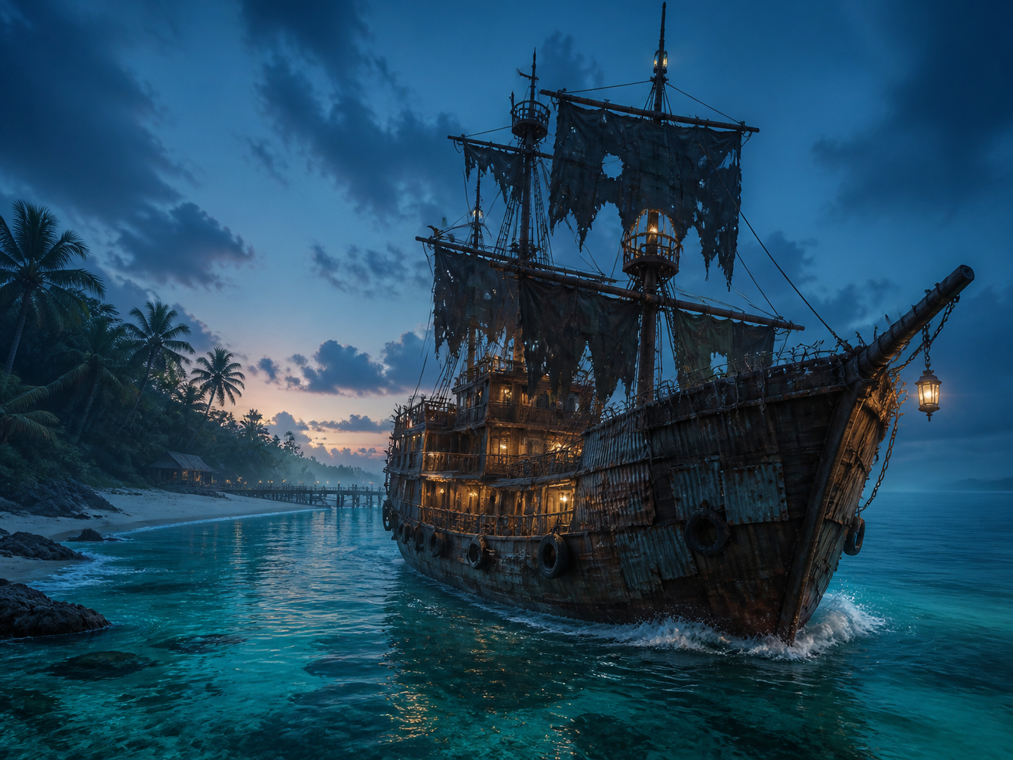 A lantern-lit, weathered ship crossing turquoise water beside a tropical island at dusk.