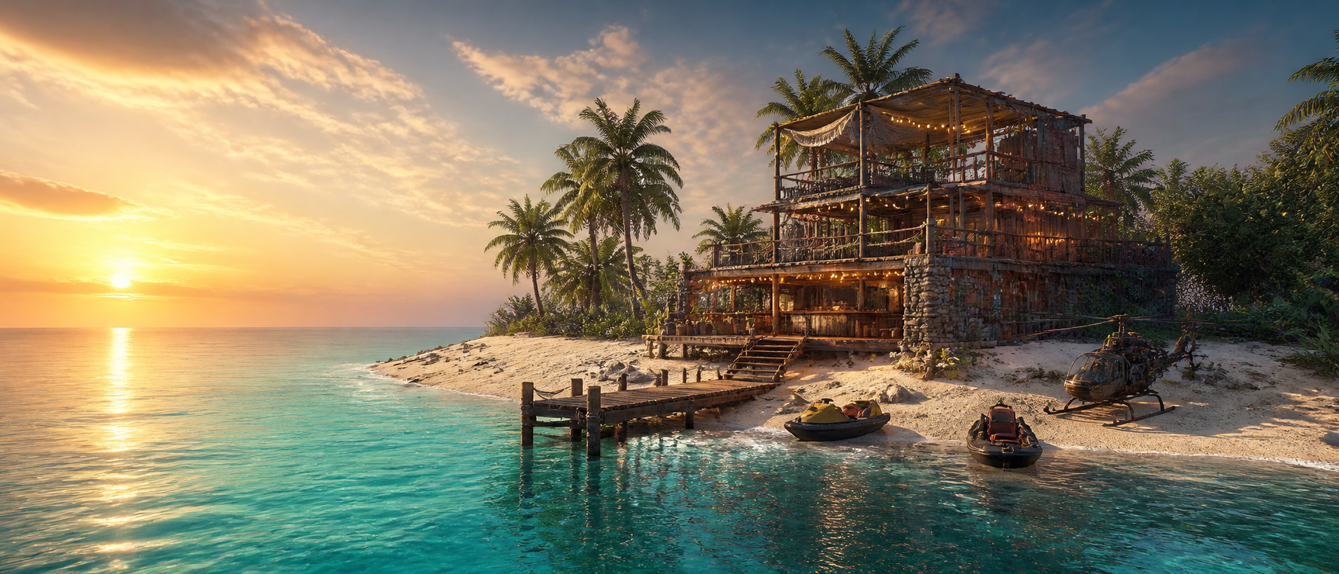 A white-sand DeepSea island with a cabana party house, docks, vehicles, palms, and turquoise water.
