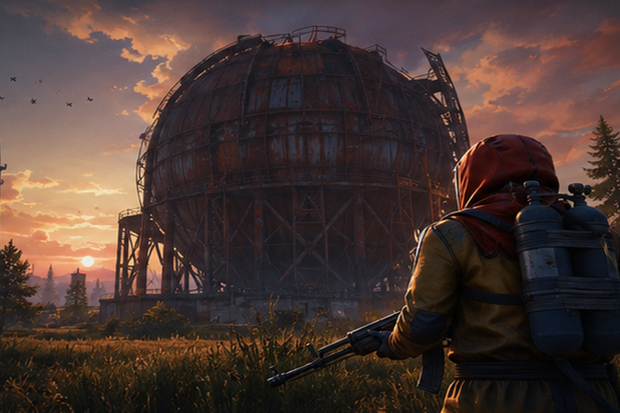 A hazmat-suited survivor approaching the Power Plant gas holder at sunset