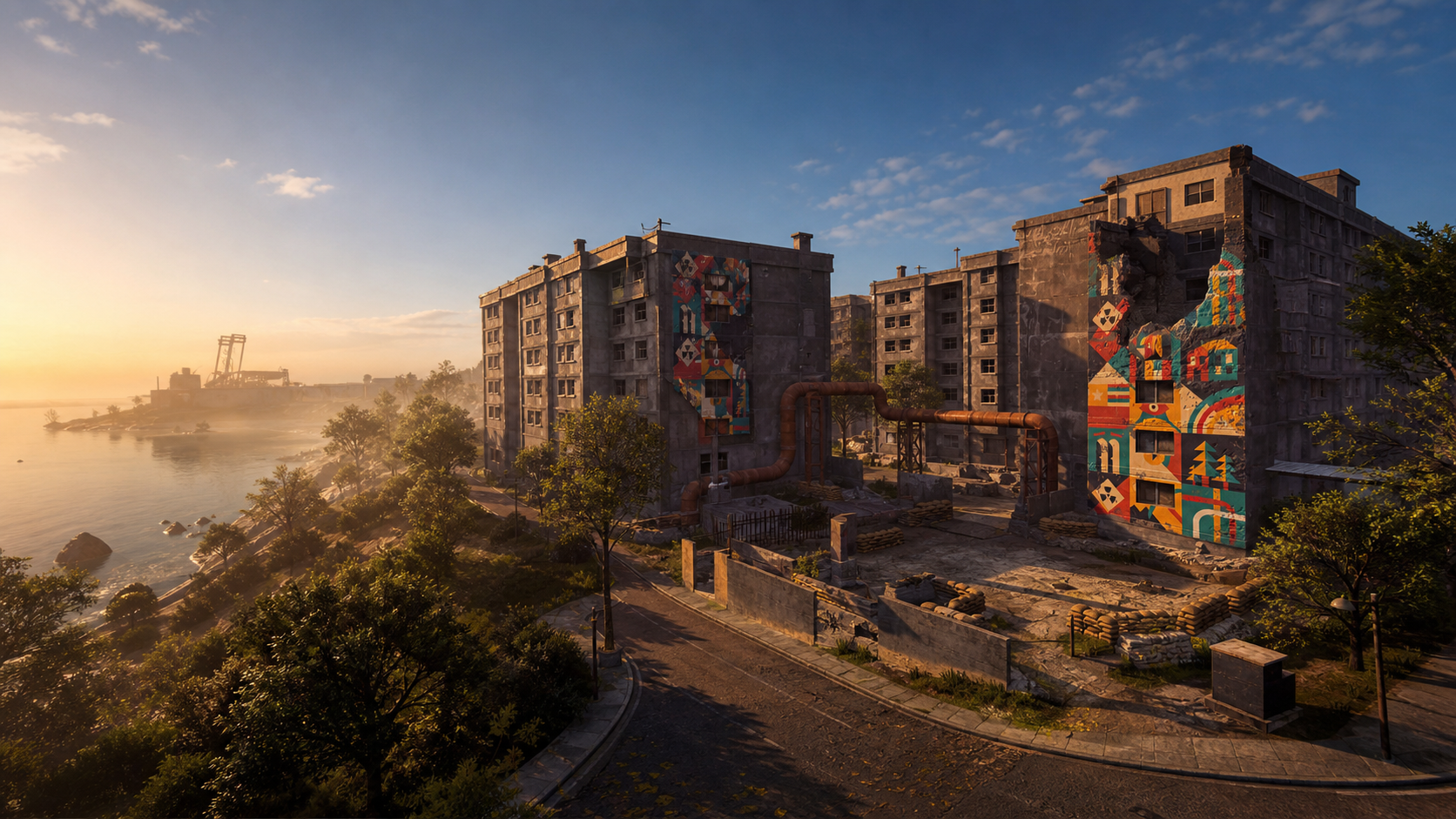 A bright exterior view of the protected EPIC PvE apartment complex.