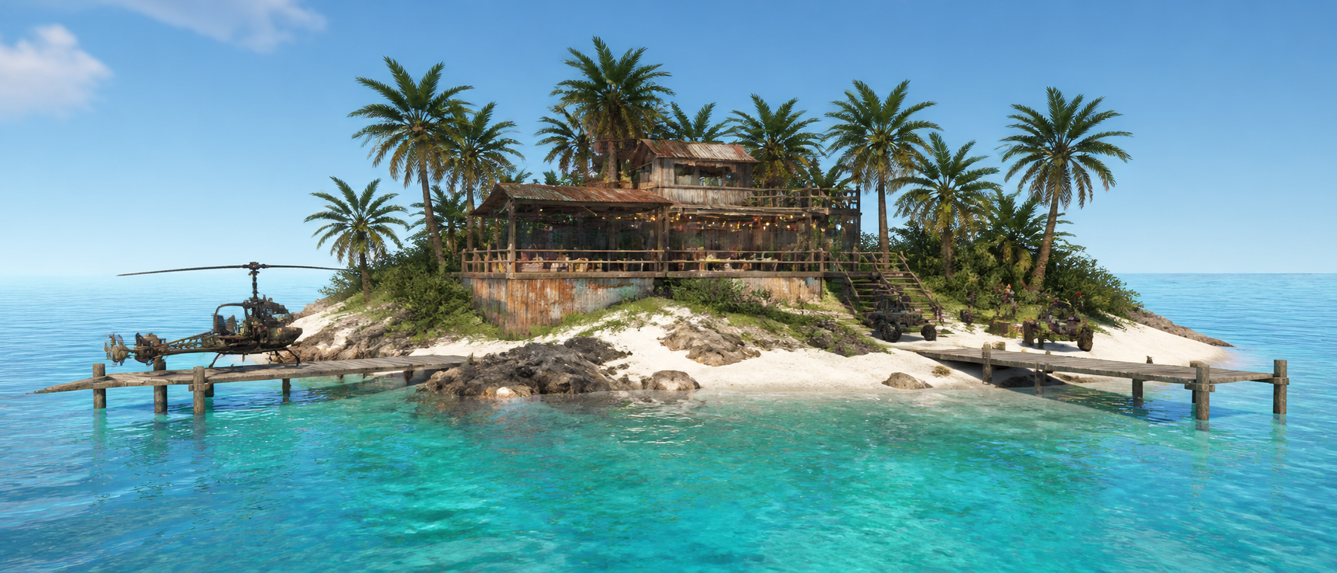 A white-sand EPIC PvE DeepSea island with a cabana, party deck, docks, vehicles, and turquoise water.
